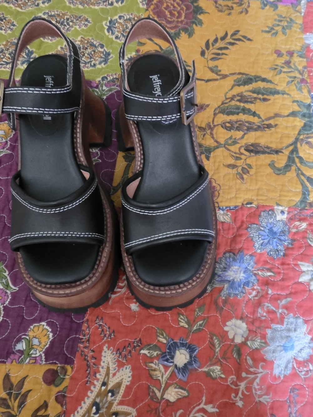 Jeffrey Campbell Black Platform Sandal Heels with Brown Wood-Look Sole